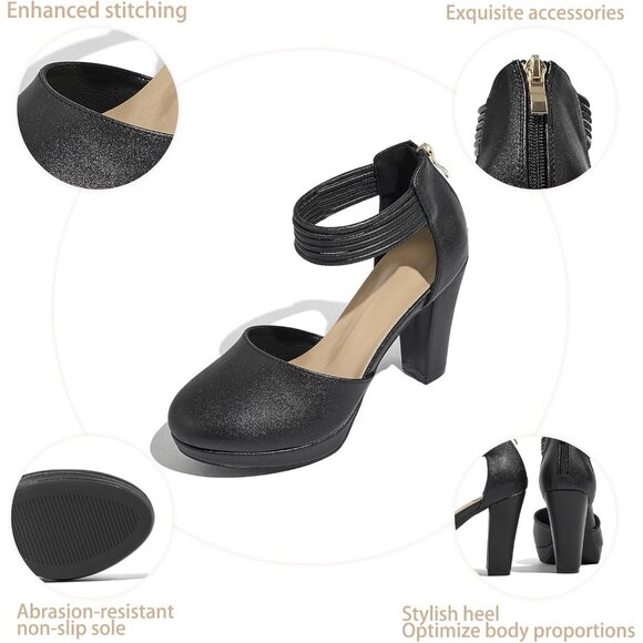 Women's Black Closed Toe Stylish Pumps Platform Heels Ankle Strap Dress Shoes - Picture 6 of 6
